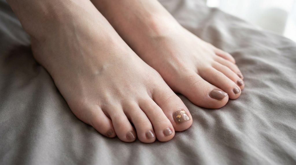Mocha nude toenails with delicate gold leaf flakes on very white skin against gray silk.

