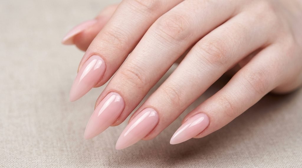 Comparison of matte and glossy finishes on black and yellow stiletto nails, female hand with white skin.