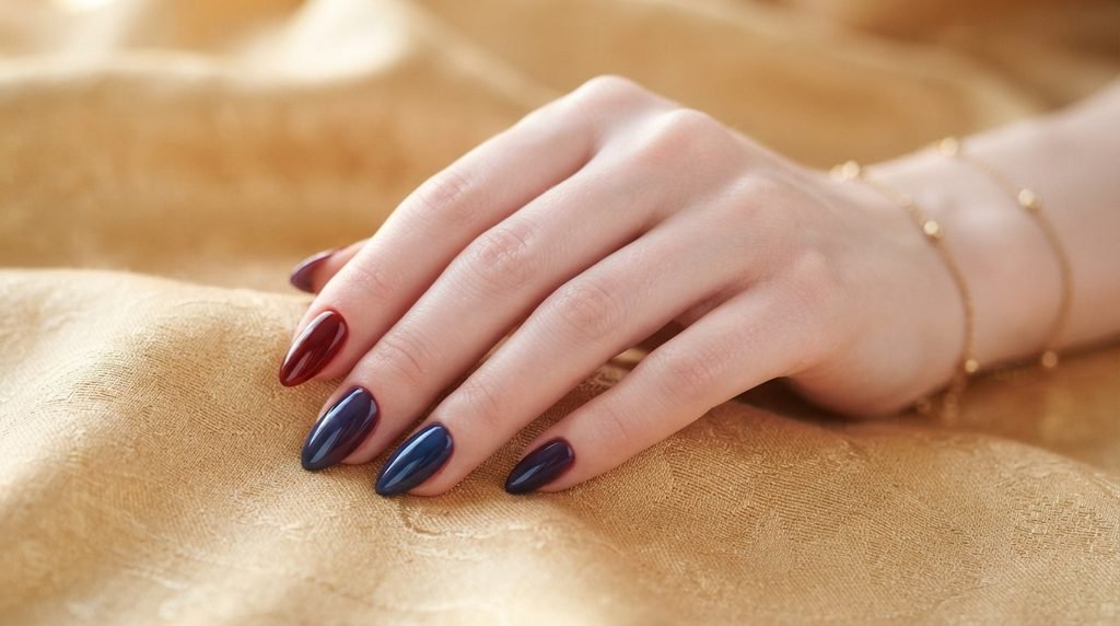 Cool blue-toned cherry red polish on very fair female skin against gold background.
