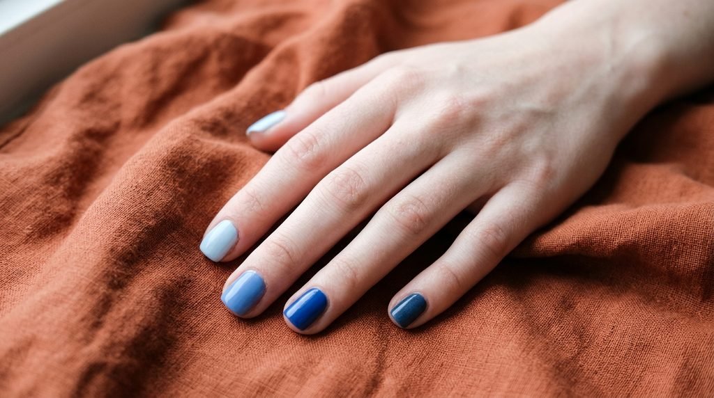 Five-tone blue gradient nails on short square shape with very white skin.