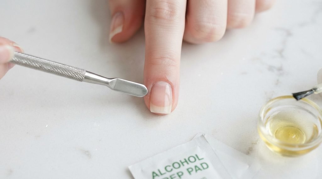 Close-up top-down view of a single square nail showing clean cuticles and professional prepping tools nearby on white quartz.