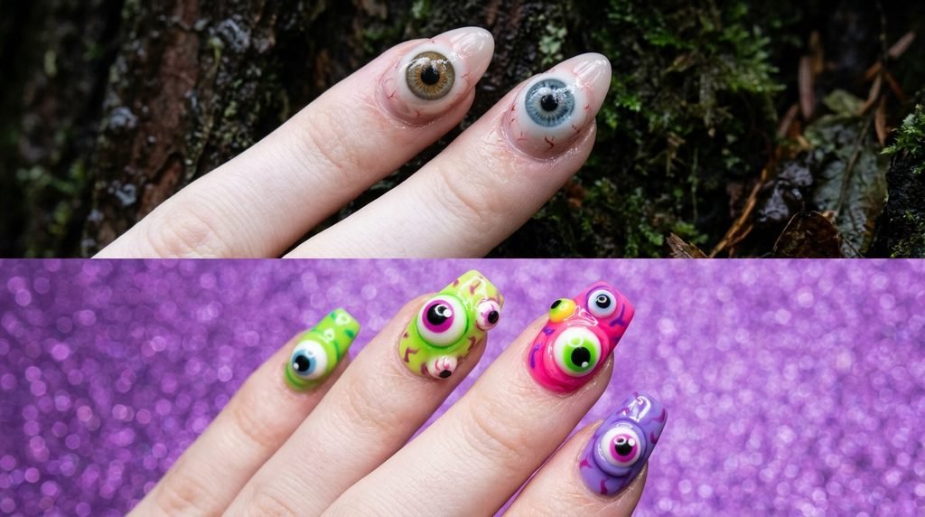 A split-screen close-up of a woman's pale hand showing two fingers with ultra-realistic human 3D eyeballs and two fingers with cartoonish monster 3D eyeballs on different nail shapes.