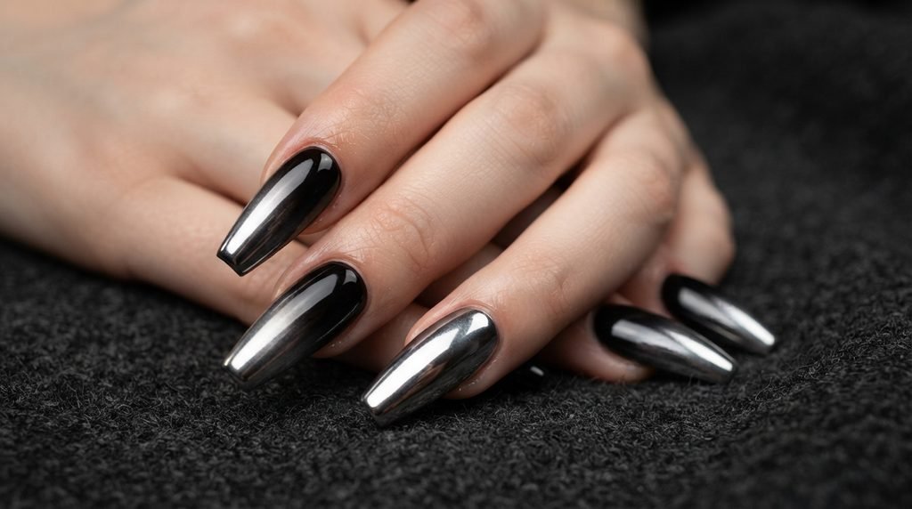 Extreme top-down close-up of two natural square nails showing opaque glossy black polish and a sharp, linear gold chrome cuticle line.