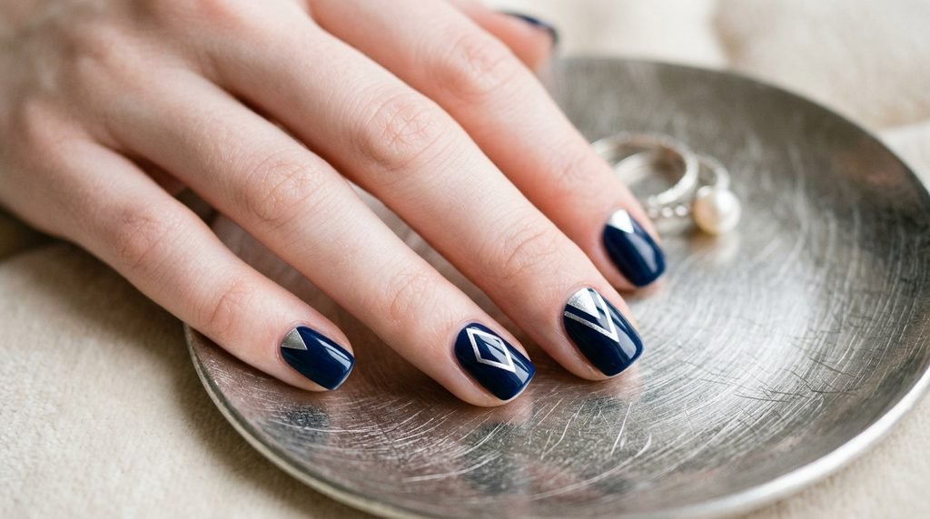An extreme close-up of squoval nails on an 18-year-old female with very white skin, showcasing glossy navy and simple silver geometric designs.