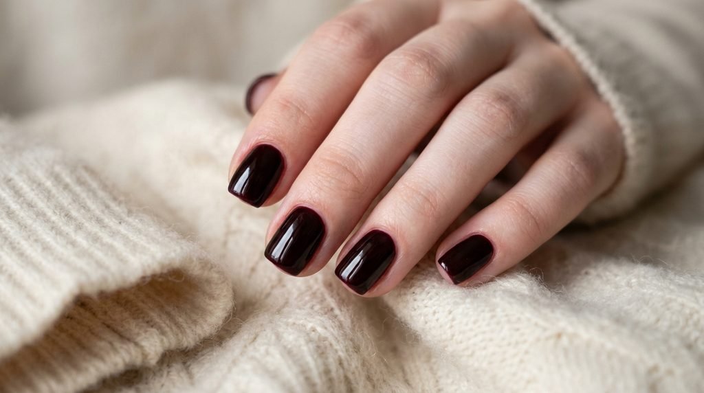 Short natural squoval nails painted in glossy black cherry polish against a cream cashmere sweater background.