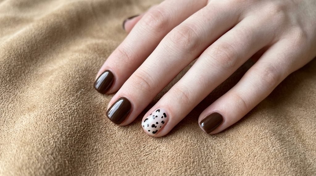 Short square nails with dark chocolate polish and one white accent nail painted with small black cow spots on tan suede.