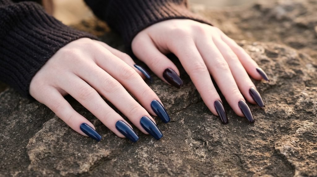 A close-up of two hands on deep taupe stone belonging to an 18-year-old female with very white skin. One has navy coffin nails, the other plum noir, highlighting the rich colors.