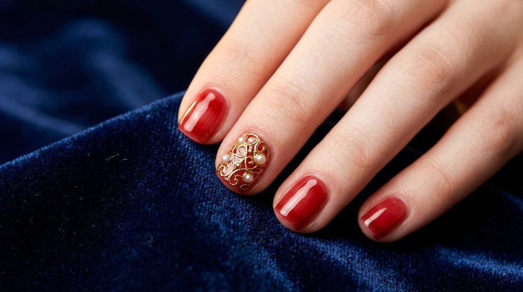 Short squoval nails with delicate gold filigree accent on very white female skin over midnight blue velvet.