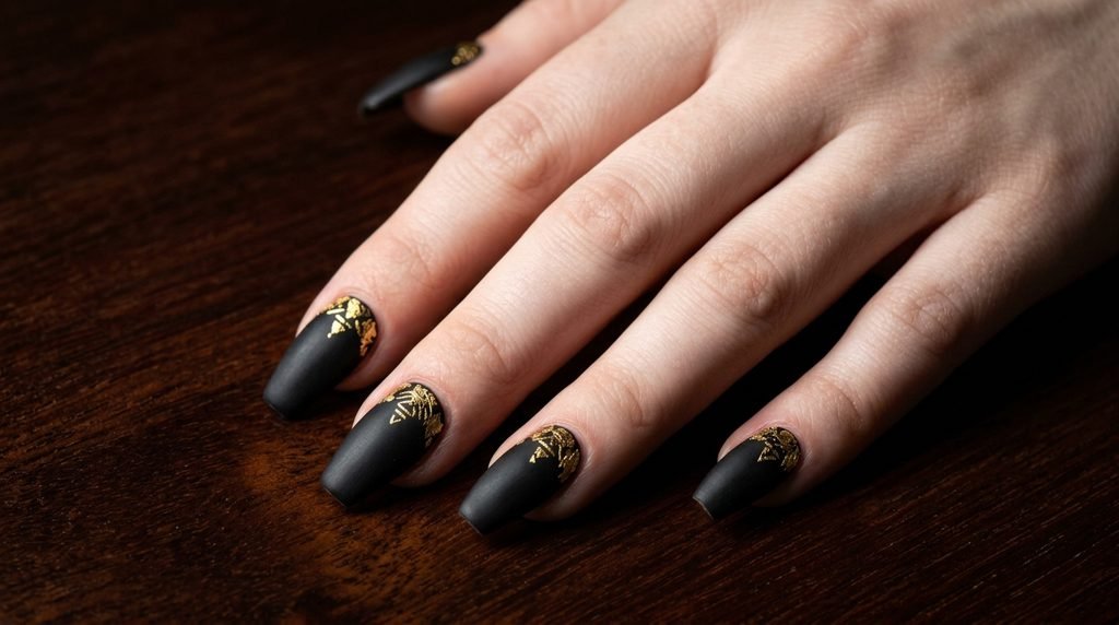 Close-up of coffin nails with matte black polish and reflective gold leaf foil accents at the cuticles.