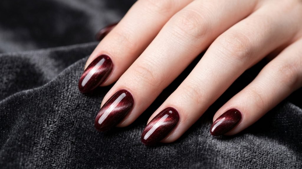 Almond magnetic velvet merlot nails on an 18-year-old hand with very white skin on charcoal velvet.