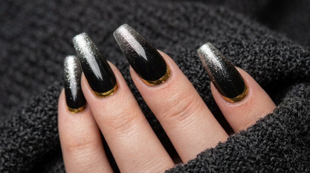 Close-up of long dramatic coffin nails with deep glossy black polish and a bold, reflective gold chrome cuticle line against charcoal grey wool.