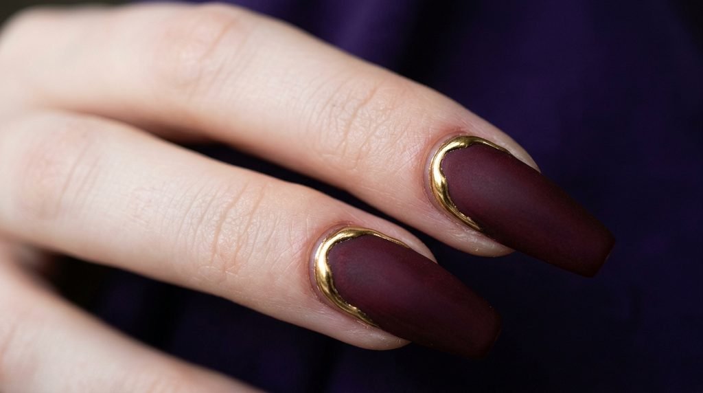 Matte merlot coffin nails with raised 3D gold chrome on an 18-year-old hand with very white skin.