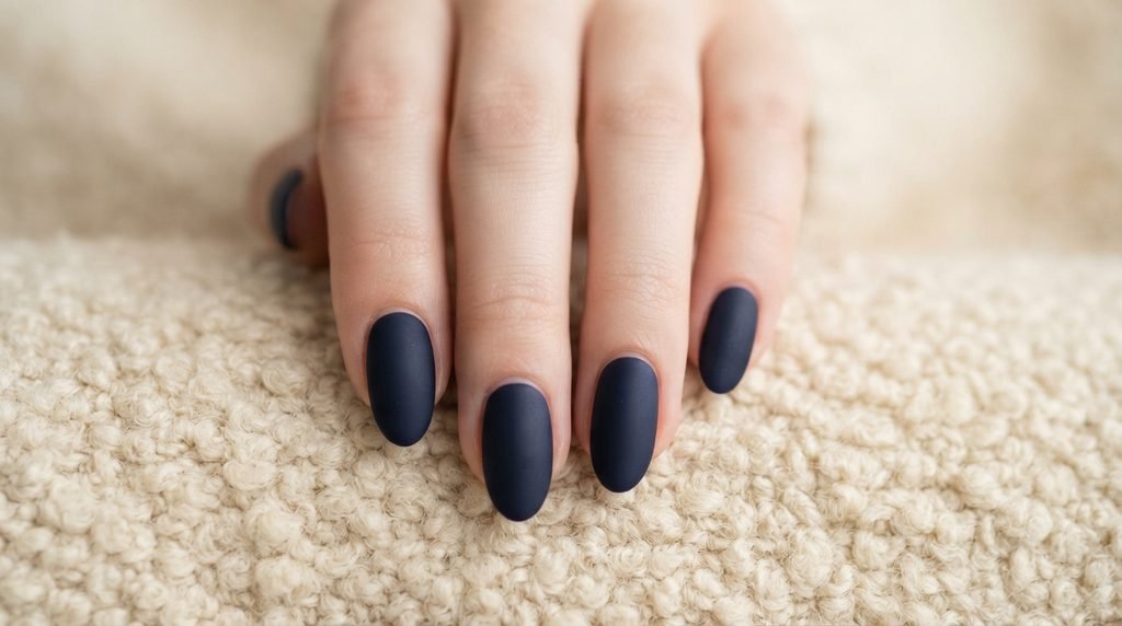 A close-up of fingertips of an 18-year-old female with very white skin, displaying uniform, matte midnight navy nail polish on oval nails, resting on ivory boucle.