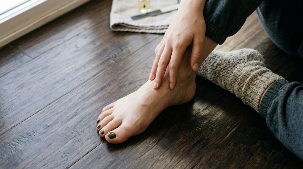 Close-up of foot with white skin and dark olive toenails near hand holding soft wool winter socks.