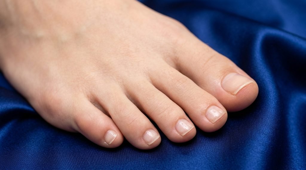 Freshly prepped short toenails with clean cuticles on white skin over dark royal blue satin.