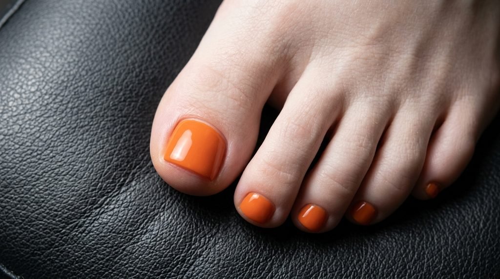 Perfectly polished orange toenail showing a clean cuticle gap on white skin over dark charcoal leather.