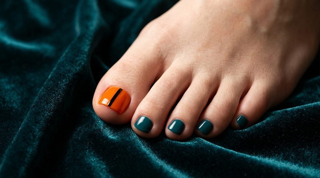 Close-up of a white foot with short square toenails showing a glossy orange big toe against deep dark teal velvet.