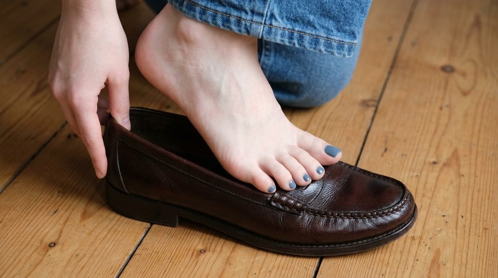 Female foot with dusty denim blue toenails slipping into a dark brown leather shoe.