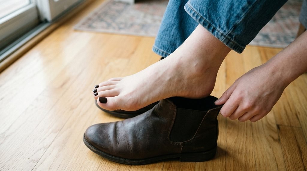 Short espresso press-on toenails on an 18-year-old female foot with very white skin slipping into a brown leather boot.