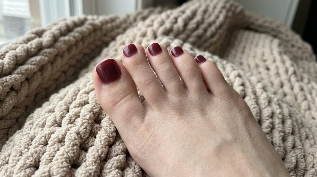 Perfect wine-red press-on toenails on an 18-year-old female foot with very white skin resting on a beige blanket.