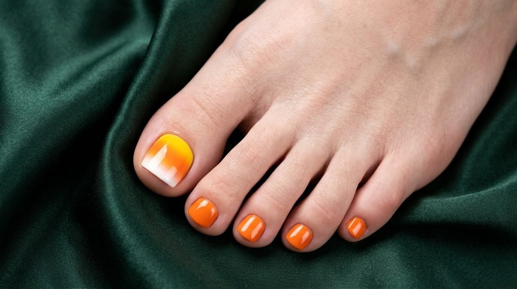Candy corn color gradient big toenail with bright orange small toes on white skin over dark hunter green satin.