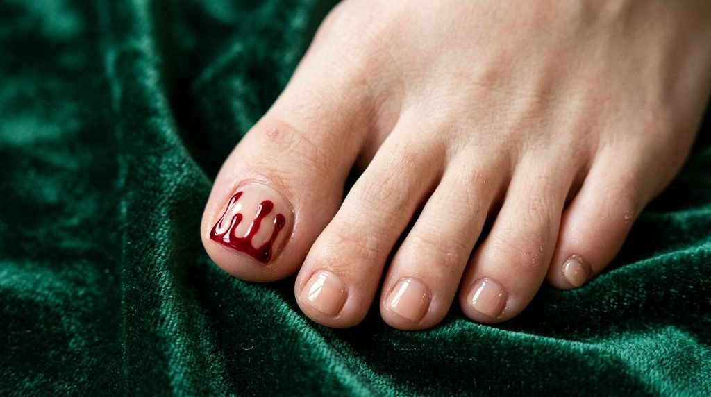 Sheer nude toenails with deep crimson blood drip trails on the big toe resting on dark emerald velvet.