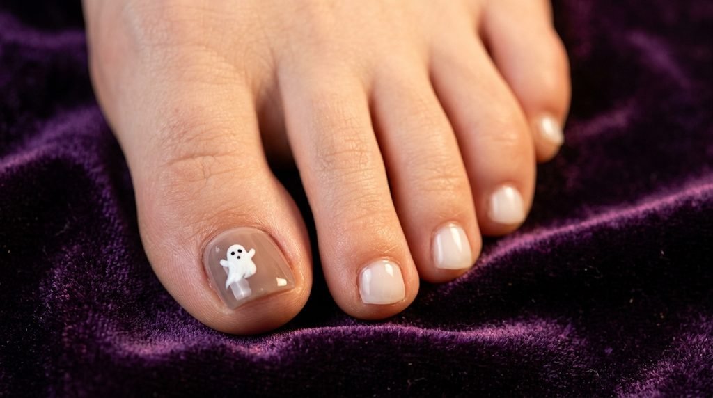 A simple hand-painted white ghost on a taupe big toenail with white skin resting on dark violet velvet.
