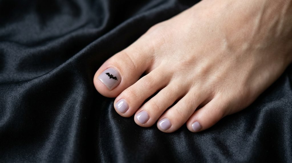 Sheer lavender big toenail featuring a black bat silhouette on white skin over midnight black satin.