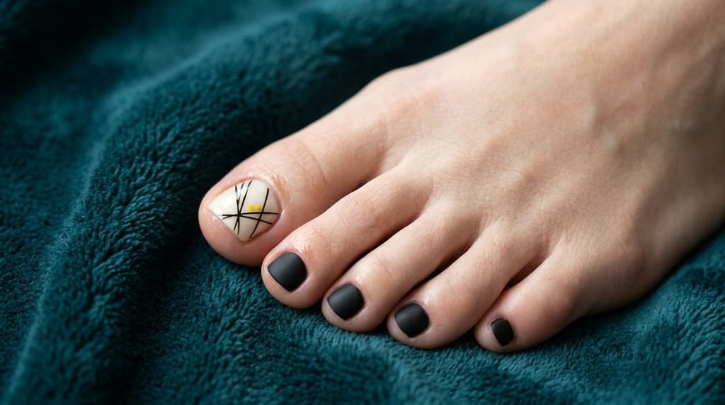 Mummy wrap line art on a big toenail paired with solid black small toes against dark teal plush.