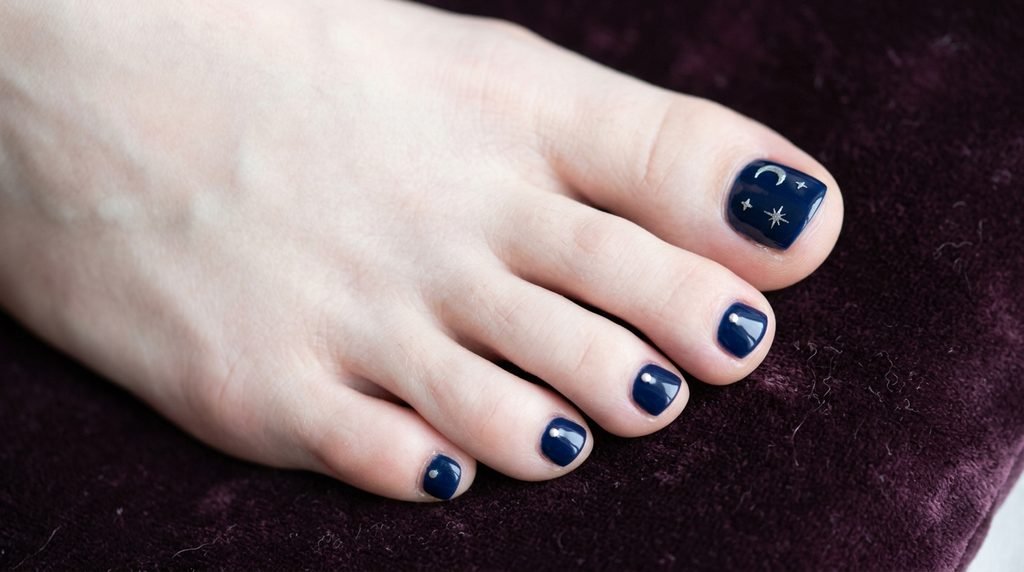 Deep navy blue toenails with silver crescent moon and starburst art on white skin over dark plum velvet.