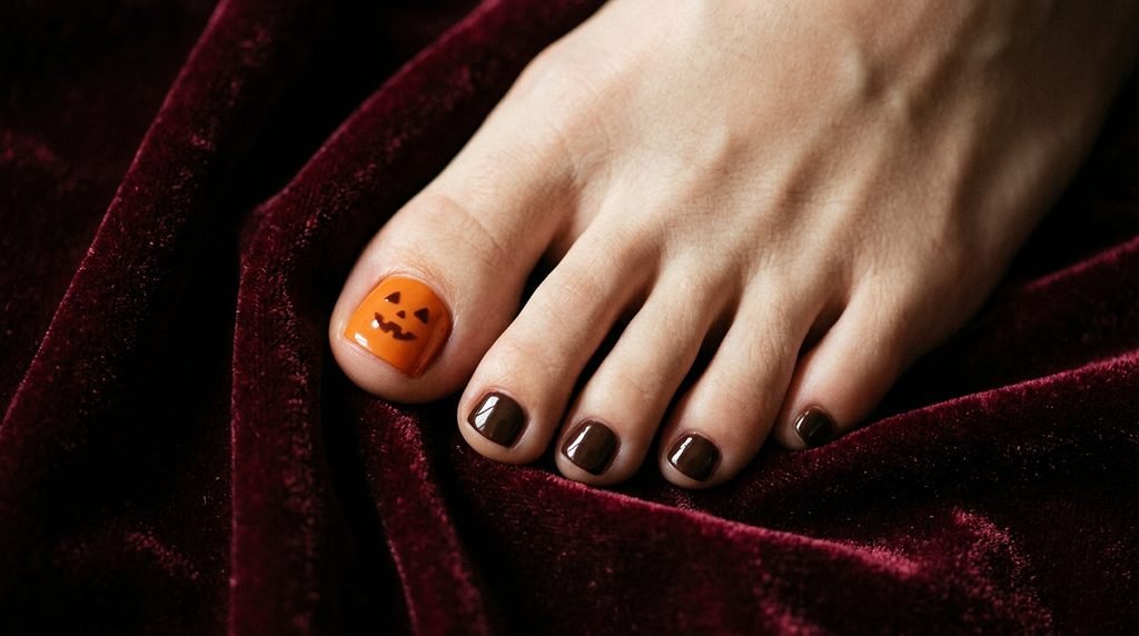 Pumpkin orange big toenail art paired with deep espresso brown small toes on white skin over deep burgundy velvet.