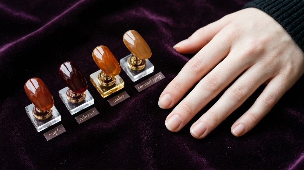 Four syrup nail shade sample tips displayed near fair skin over dark purple cloth.