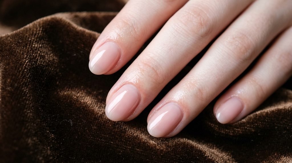 Clean gel nail application near cuticles on a pale female hand over dark bronze velvet.