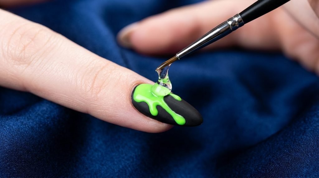 A macro photograph shows a detail brush applying raised 3D builder gel over a neon green slime drip design.