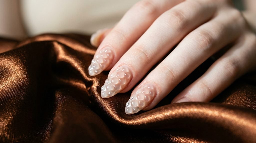 Macro view of 3D clear gel scale drops on almond nails on pale female hand over copper satin.