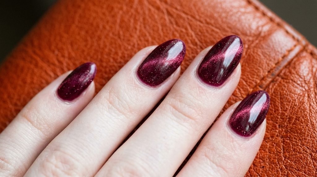 Deep berry velvet cat-eye gel nails showcasing magnetic light reflection against burnt orange leather.