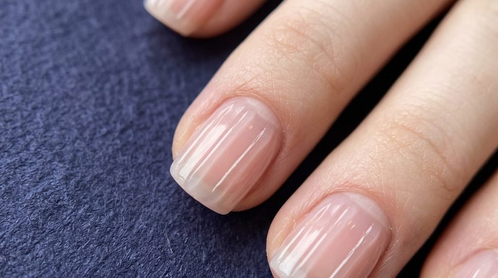 Perfect cuticle clearance on a sheer ribbed glass nail of an 18-year-old female hand with very white skin on dark indigo.