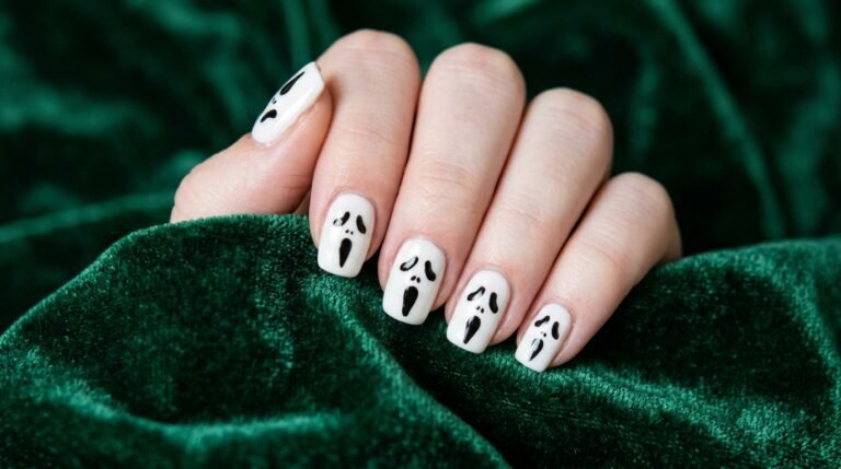 Close-up of an 18-year-old female hand with white skin and short squoval ghost face nails over dark green velvet.