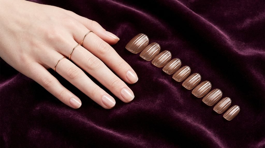 Press-on ribbed glass nails placed next to an 18-year-old female hand with very white skin on dark plum velvet.
