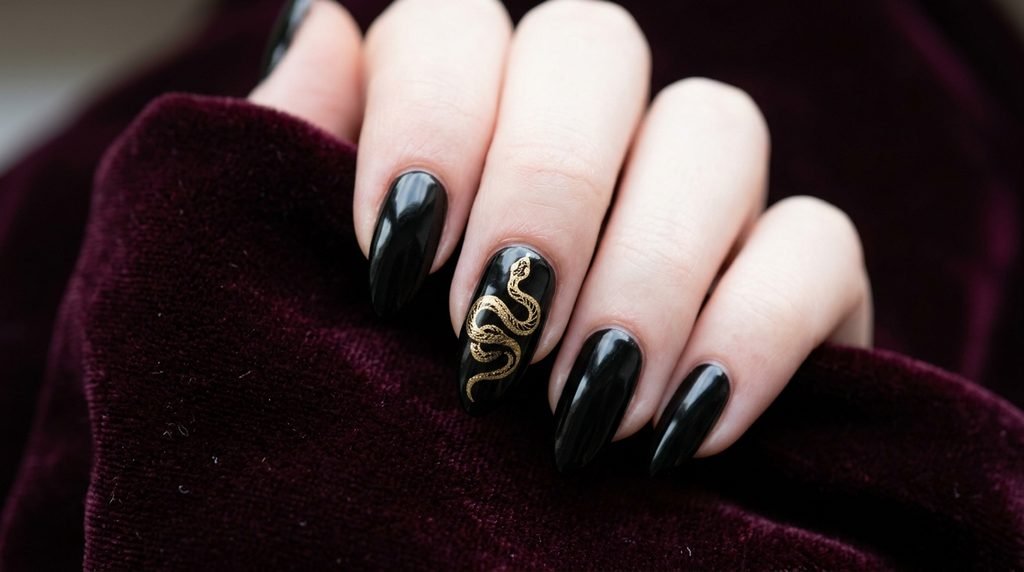 Detailed coiled gold snake accent nail on a pale female hand over dark burgundy velvet.