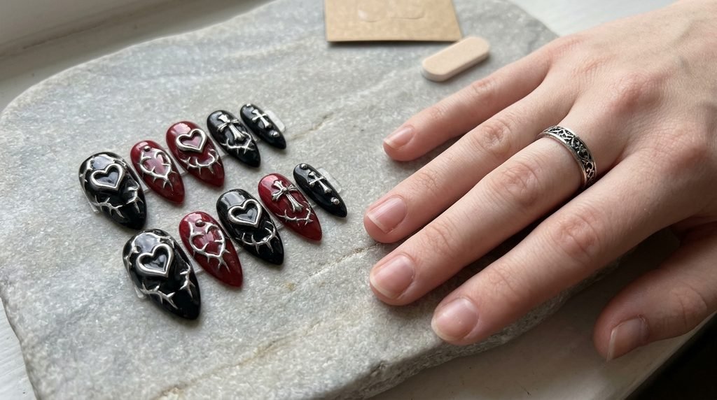 Press-on gothic heart nails resting beside an 18-year-old female hand.