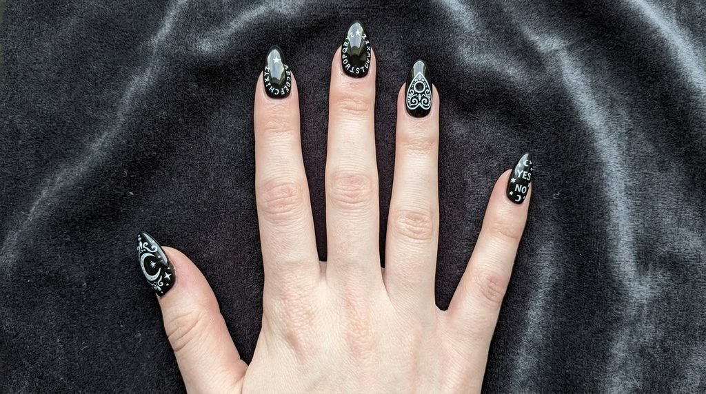 Hand with white skin applying cuticle oil around a completed spirit board accent nail.