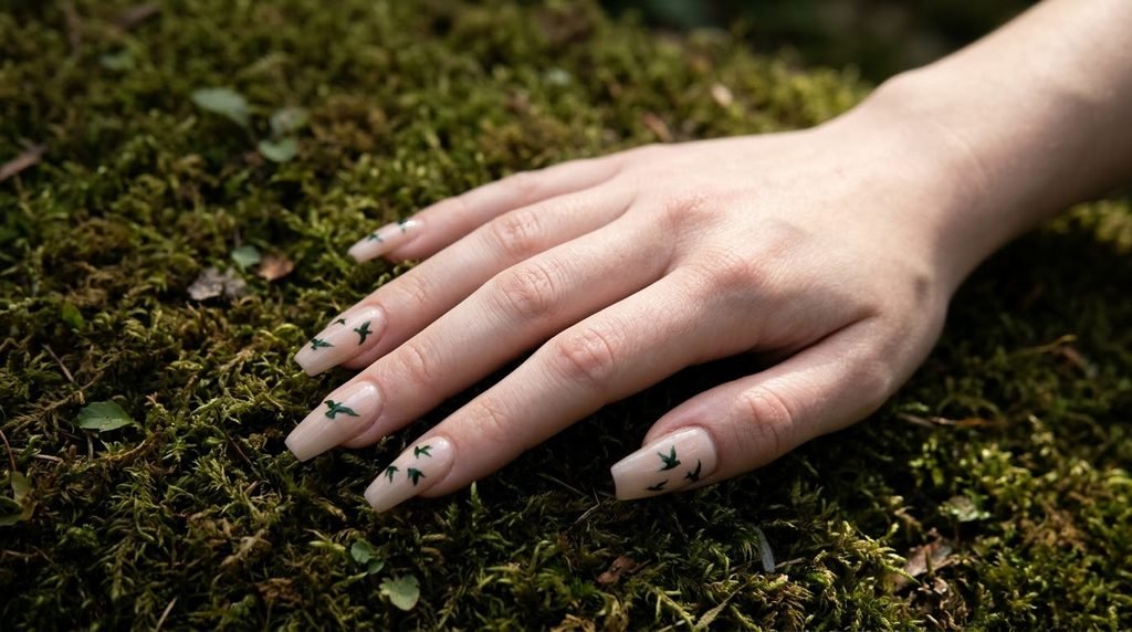 Coffin nails with tiny forest green bird silhouettes painted over a golden olive base.