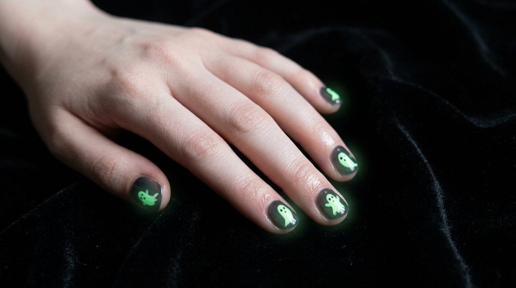 Glow in the dark ghost nail art glowing green against black velvet background.