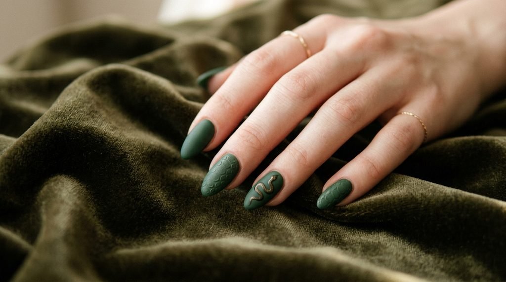 Matte forest green snake scale nails on an 18-year-old hand with white skin over olive velvet.