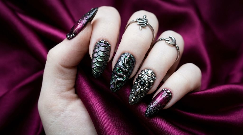 Mixed snake art and crystal nails on a pale female hand against dark magenta silk.