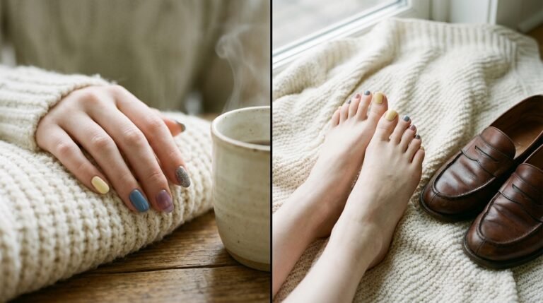 Close-up of an 18-year-old female hand and feet with very white skin tone showing a modern fall mani-pedi set.