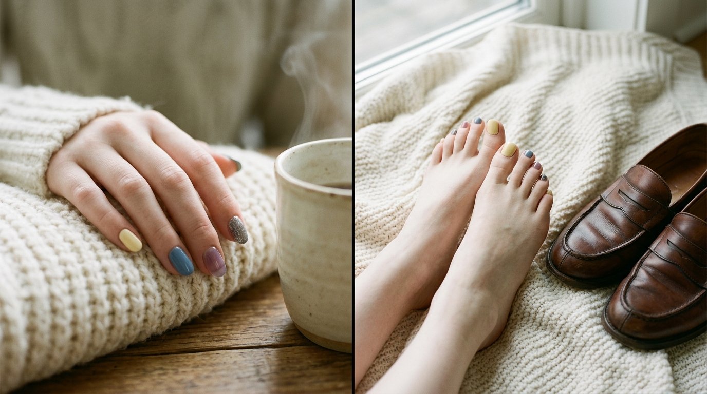 Close-up of an 18-year-old female hand and feet with very white skin tone showing a modern fall mani-pedi set.