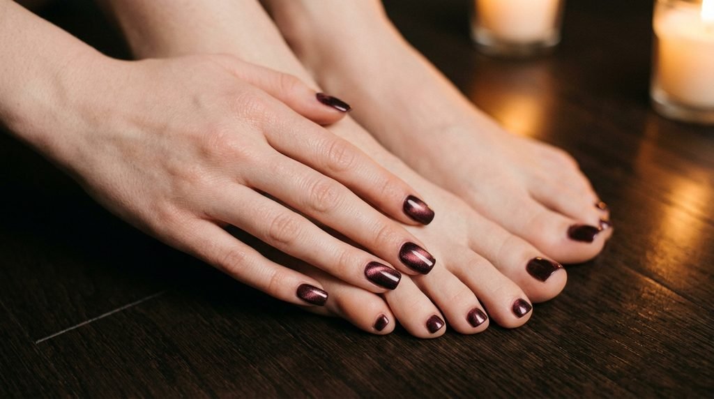 Close-up of female hands and toes with white skin displaying autumn magnetic gel polish on short squoval nails over dark wood.