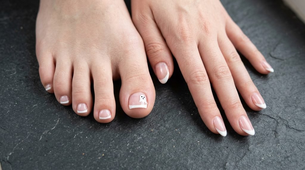 Matching white French tip manicure and pedicure on white skin resting on matte charcoal stone.